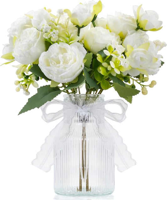 Small Fake Flowers in Vase,2 Packs Pink Peonies Artificial Flowers with Vase, Silk Artificial Peonies Flowers for Desk Bathroom Home Decor Indoor (White)