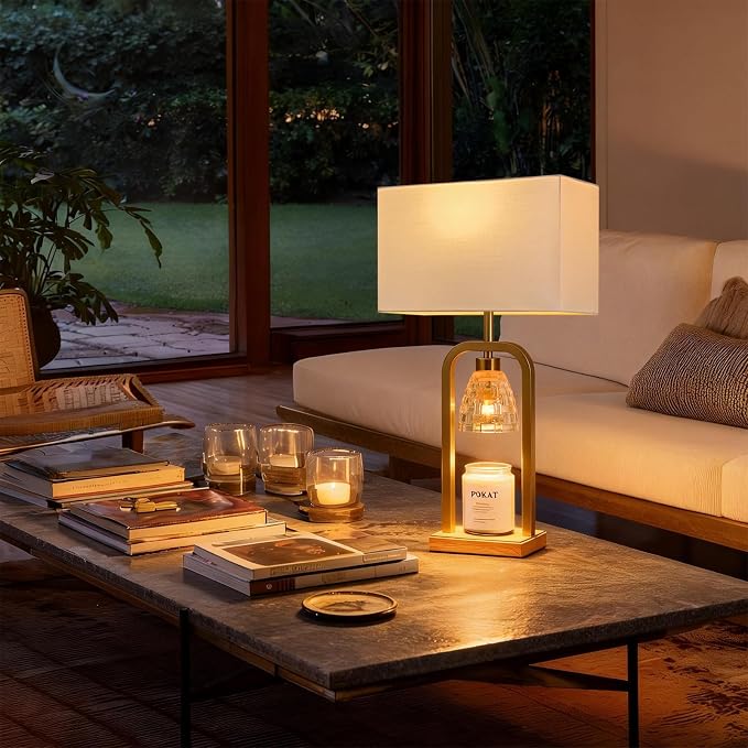 PoKat Gold Table Lamp Candle Warmer, Candle Warmer Lamp with Timer Dimmer, Wax Light Warming Table Lamp for Jar Candles, Modern Bedside Lamp for House Warming Home Decor Living Room, Bulb Included