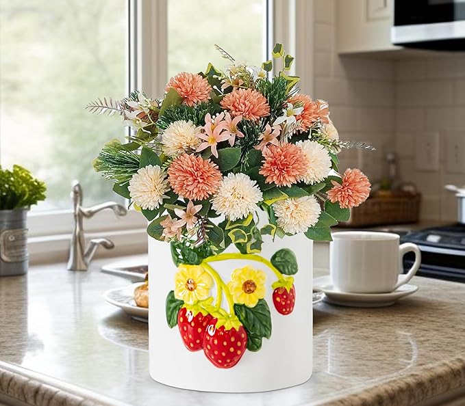 dgudgu Strawberry Kitchen Utensil Holder for Countertop Ceramic Utensil Crock for Kitchen Counter with Carved Strawberry Vine Design White Farmhouse Counter top Organizer for Spoons,Spatulas (yellow)