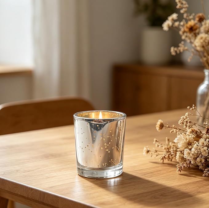 Hosley Set of 8 Metallic Mercury Glass Votive Tealight Candle Holders – Choice of Colors, Perfect for Parties, Weddings, Events, Aromatherapy, and Daily Use (Silver)