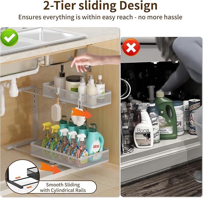 Under Sink Organizer 1 Pack, 2-Tier Slide Out Cabinet Organizer with Metal Sliding Drawer and Hooks, Pull Out Storage Baskets for Kitchen Bathroom Pantry Cabinet Organization (Gray (1 pack))