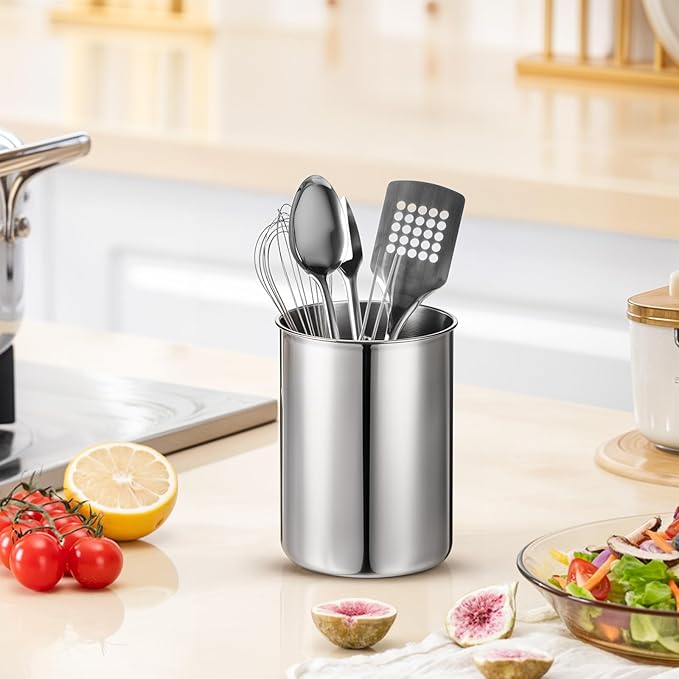 3 Pcs Cooking Utensil Holder for Kitchen Counter, 5.6 x 7.5 inch Metal Utensil Crock Stainless Steel Utensils Holder Container Canister Spatula Spoon Caddy Organizer (Silver)