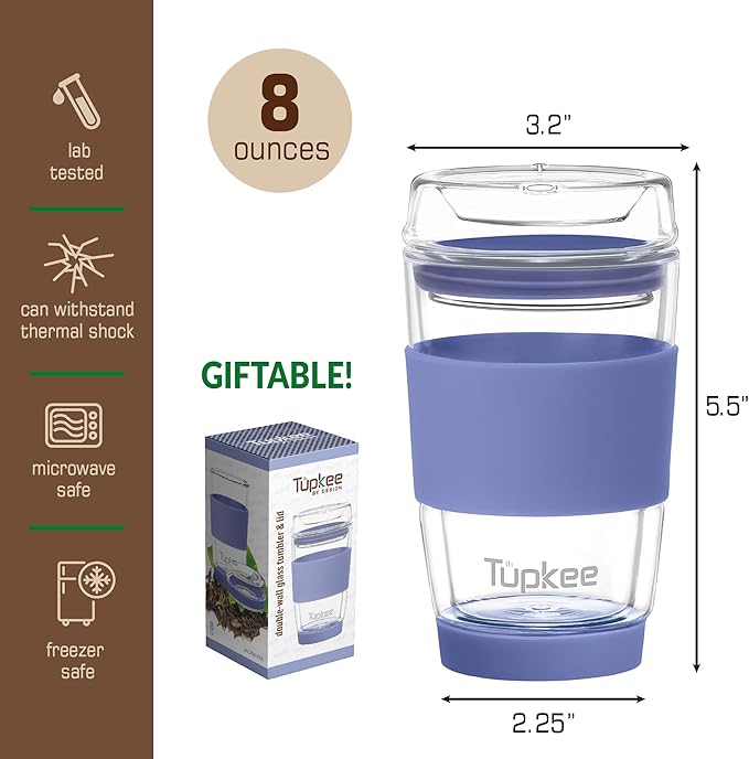 Double Wall Glass Tumbler - 8-Ounce, All Glass Hand Blown Reusable Insulated Tea/Coffee Mug & Lid, Travel Mug - Jacaranda