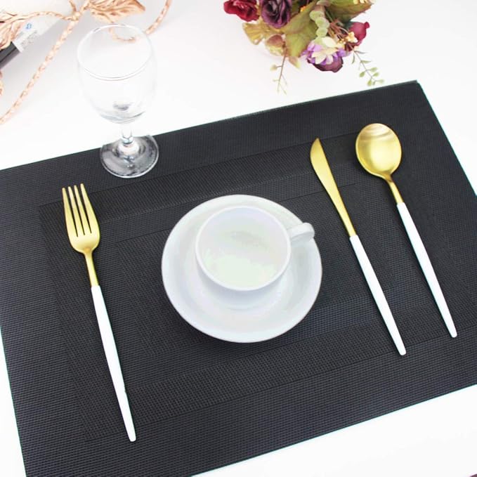 Durable Placemats Set of 6 Vinyl Heat-Resistant Table Mats Washable Plastic Placemats for Dining Table (Black)