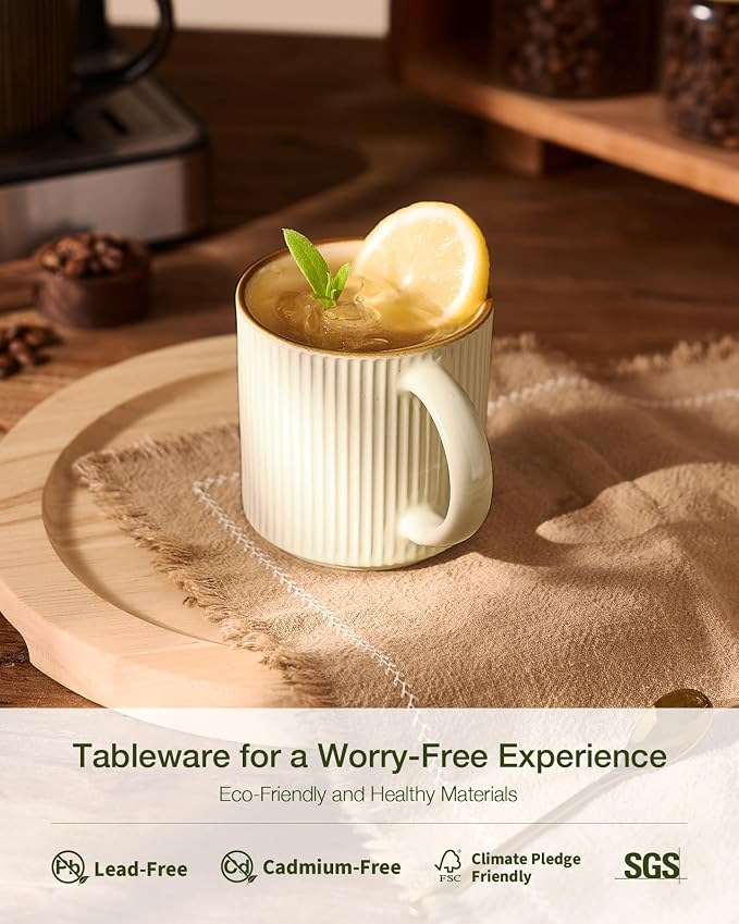 famiware Coffee Mug Set for 6, Star 12 oz Catering Mugs Cup Set with Handle for Coffee, Tea, Cocoa, Milk - Ceramic Stoneware Drinkware Set, Vanilla White