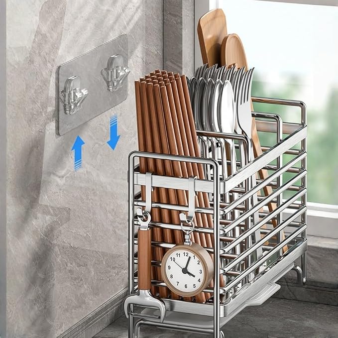 Stainless Steel Wall Mounted Utensil Holder and Countertop Drying Rack with Drain Tray for Kitchen Forks Spoons Chopsticks Silver 3 Compartments(3 Compartments)