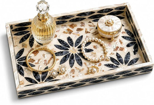 Mother of Pearl Inlay Wooden Tray – Handmade Decorative Rectangle Serving Tray for Coffee Table, Kitchen, Bathroom, Vanity or Living Room Decor, Charcoal Floral