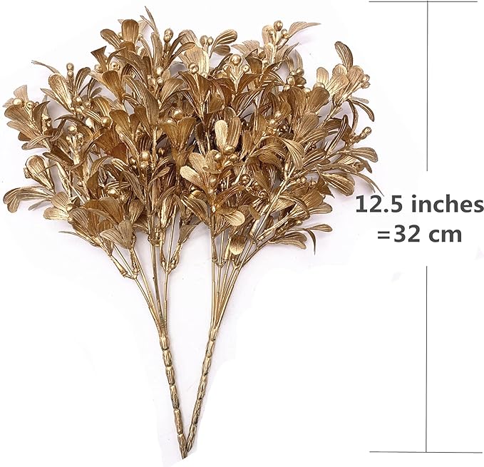 Artificial Flowers Christmas Decor, Golden Leaves Branches Plants Fake Berry Grass for Wedding Bridal Bouquet Party Indoor DIY Home Office Table Centerpieces Arrangements Decoration - Gold 4 Pack