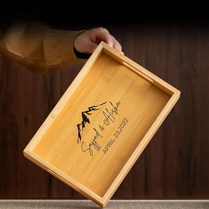 Custom Bamboo Serving Tray with Initial & Name, Personalized Breakfast Tray with Handles, Wooden Food Serving Tray for Coffee, Drinks, Home Decor Gift