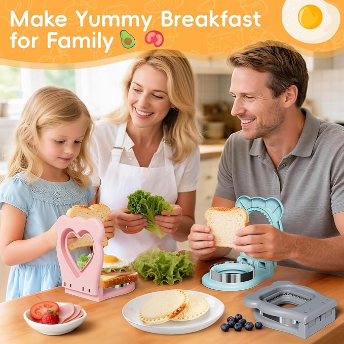 HINZER Sandwich Cutter and Sealer, Lunch Breakfast Sandwich Maker Stainless Steel Bread Decruster Heart Square Circle Cookie Cutter for Kids Children Adult Boys Girls