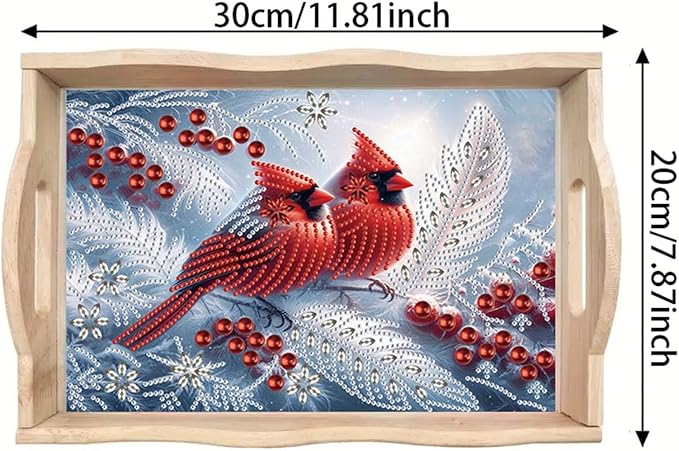 DIY Diamond Serving Tray with Handle Handmade Diamond Art Painting Wooden Rectangular Breakfast Tray for Dinner Plate Coffee Room Living Home Organizer-Cardinal02