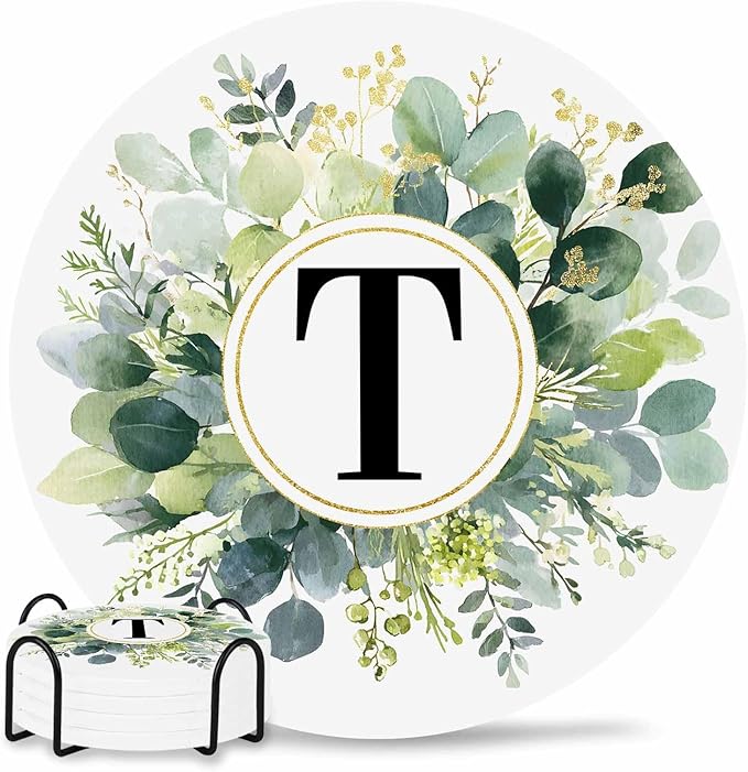 Coasters Set of 4 Letter T Drink Coasters with Holder Absorbent Stone Ceramic Cup Mat Alphabet Green Eucalyptus Leaves Coaster for Drinks Coffee Bar Office Kitchen Cafe Home Decor