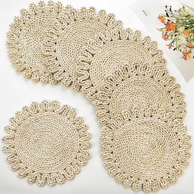 IcosaMro 13.8" Boho Placemats Set of 6 Round Woven Placemats Natural Table Place Mats for Dinning Table Indoor & Outdoor Wicker Wicker Charger Plates for Wedding Christmas Thanksgiving Events