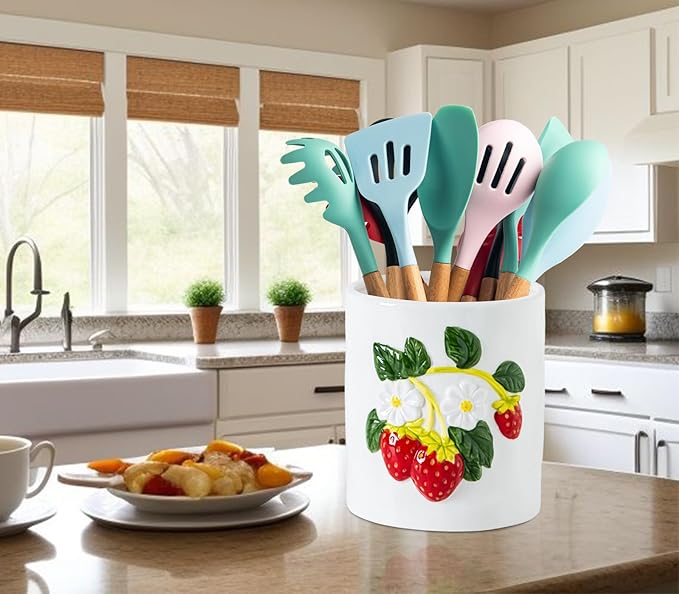 dgudgu Strawberry Kitchen Utensil Holder for Countertop Ceramic Utensil Crock for Kitchen Counter with Carved Strawberry Vine Design White Farmhouse Countertop Organizer for Spoons,Spatulas(white)
