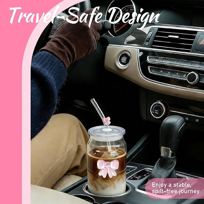 Aesthetic 3D Pink Bow Glass Cup with Plastic Lid & Straw,16OZ Bows Glass Coffee Cups,Bow Tumbler for Iced Matcha, with１Cleaning Brush, Girly Preppy Stuff/Glassware Birthday Valentine's day Gifts
