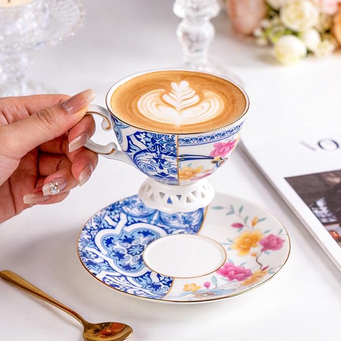 KAMMAK Tea Cups and Saucers Set of 2, Fine Bone China Coffee Cups, Stackable Espresso Mugs, Ceramic Demitasse for Coffee, Cappuccino, Latte, Americano, Tea, Blueprint of Prosperity