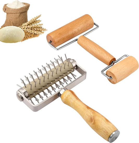2Pcs Pizza Dough Roller & Dough Docker, Wood Rolling Pin Stainless Steel Dough Hole Puncher for Pizza, Pie, Pastry, Bread, Pasta, Cookie, Crust, burlywood, JKUS20407 | Stainless Steel Dough Hole Puncher for Pizza, Pie, Pastry, Bread, Pasta, Cookie, Cru...
