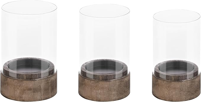 Set of 3 Glass Hurricane Candle Holders for Pillars with Vintage Natural Solid Wooden Bases, Farmhouse Candle Holder, Candle Stand, Candlestick Holders, Centerpiece for Home, Table, Wedding