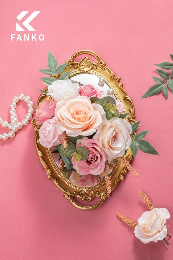 FANKO Artificial Flowers for DIY, Pink Blush Ivory Pale Peach Faux Flowers Bouquet, Fake Flowers with Roses Daisy Silk Flowers for Vase, Home Decor, Wedding Centerpiece, Floral Arrangement Décor