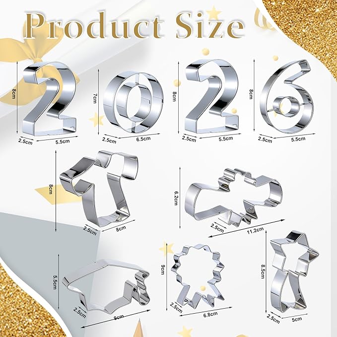 Zhehao 9 Pcs 2026 Graduation Cookie Cutters Set Graduation Gown, Cap, Diploma, Star Sash, Number "2026", Medal, Stainless Steel Cookie Cutters for Baking Homemaking Senior Celebration Party Supply