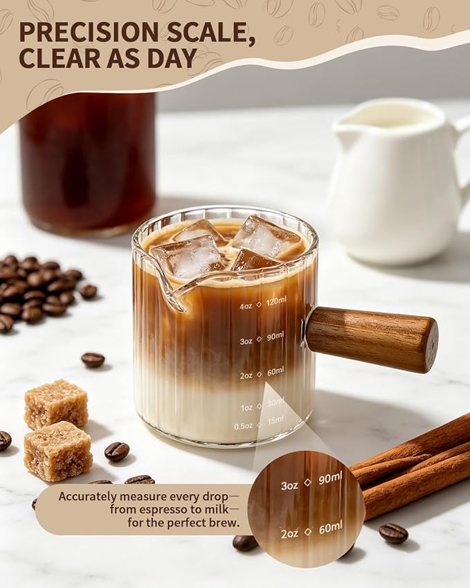 2 Pack Espresso Measuring Cups, 4oz Borosilicate Glass Espresso Shot Glasses with Wood Handle, V-Shaped Spout Ribbed Milk Frothing Cup, Measuring Cup for Coffee, Latte, Cappuccino, Tea, Syrup