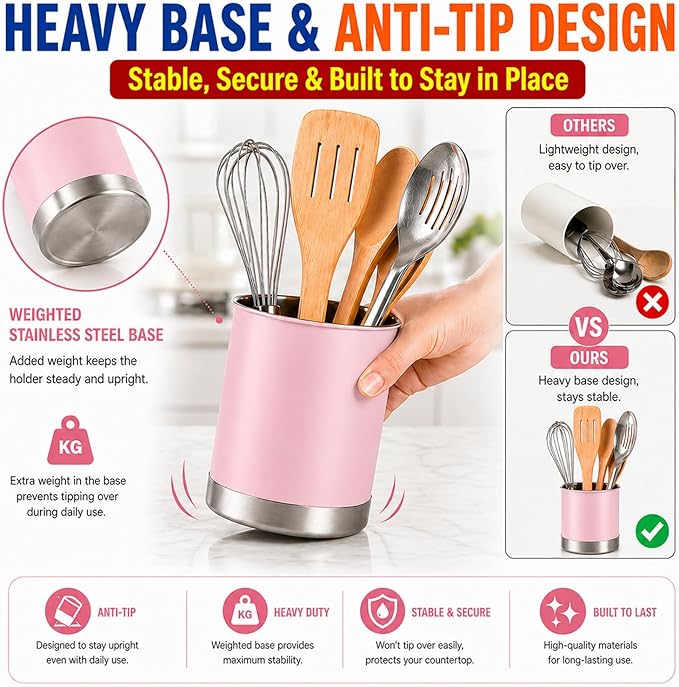 Creative Home Stainless Steel Utensil Holder– 7" Extra Large Cooking Tool Organizer for Kitchen Decor and Countertop Storage, Stable Anti-Tip Design, Durable Powder-Coated Finish, Pink