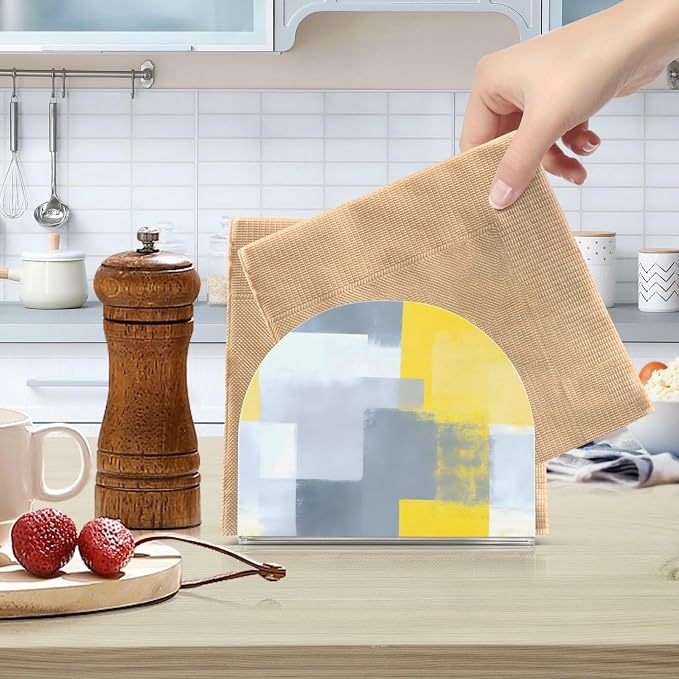 Grey and Yellow Abstract Art Painting Napkin Holder for Tables Paper Cocktail Napkin Holders for Kitchen and Dinning, Acrylic Dinner Napkin Dispenser for Restaurant Home Decor Bar Accessories 1 Pack