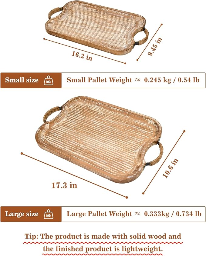 Rustic Wood Serving Tray with Metal Twine Handles Set of 2 Rectangular Decorative Trays Farmhouse Platter for Food, Fruit, and Coffee Great for Bed, Patio, Ottoman, Coffee Table, Kitchen, or Party.