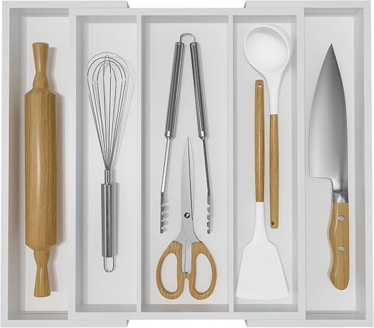 Utensil Organizer for Kitchen Drawers - Bamboo Silverware Tray Expandable 5 Slots Drawer Organizer for Office and Pantry Supplies W13.7-19.9" x L17.6 X H2.5 (White)