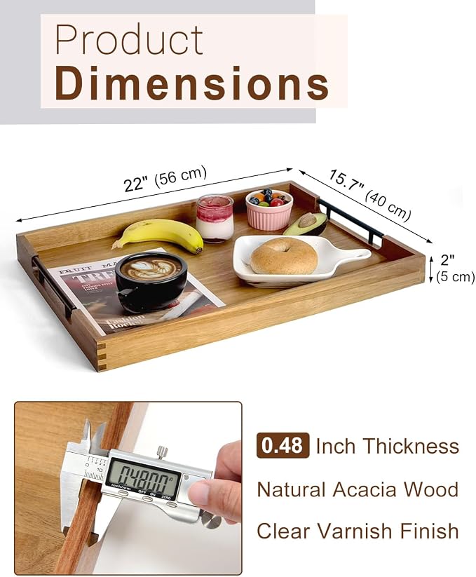 22 inches Acacia Wood Rectangular Ottoman Serving Tray with Metal Handles | Large Decorative Wooden Tray for Living Room Kitchen Coffee Table Couch Bed