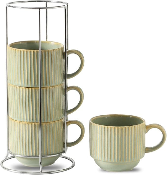 HASENSE Ceramic Coffee Mugs Set of 4 with Rack - 15 oz Stackable Large Porcelain Ribbed Latte Cup Set for Cappuccino, Tea, Hot Cocoa, Drinks - Dishwasher & Microwave Safe, Green Earth