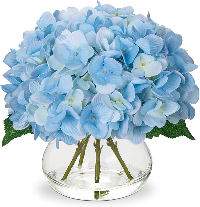 Hollyone Hydrangea Artificial Flowers with Vase Blue Silk Fake Flowers Arrangements in Glass Vase with Faux Water Faux Floral Bulk Bouquet for Home Decor Bathroom Table Centerpiece Shelf Decorations