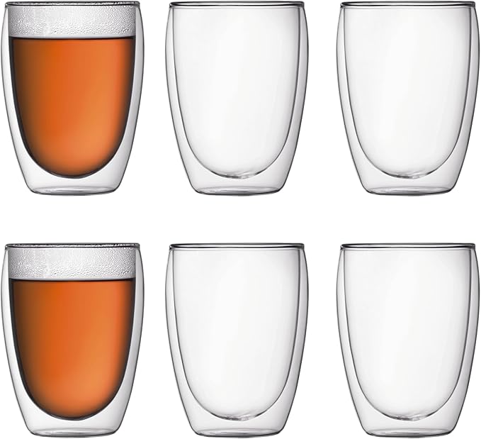Bodum 12oz Pavina Double Wall Insulated Tumbler, High-Heat Borosilicate Glass, Set of 6, Clear