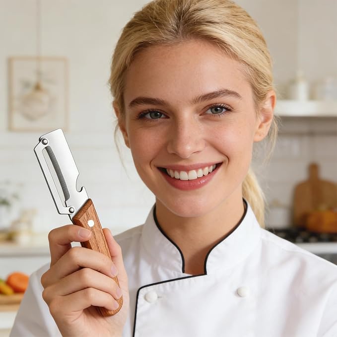 Kitchen Multi-Function Stainless Steel Thickened Fruit Peeler Knife Multifunctional Julienne Cutter + Solid Wood Peeler
