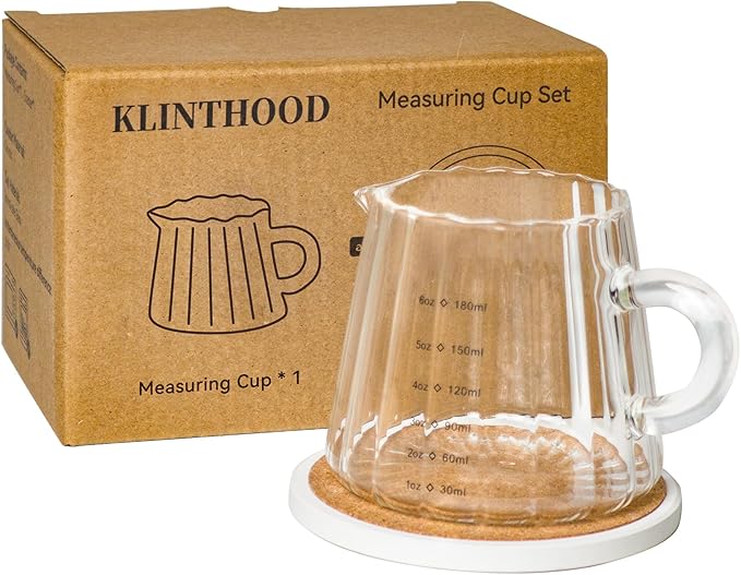 Glass Measuring Cup 6OZ, Espresso Accessories, Expresso Shots Cup, Espresso Shot Glass with V-Shaped Mouth, Ribbed Milk Frothing Pitcher, coffee Espresso Cup (Glass Handle)