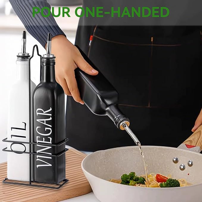 Vakoo Oil and Vinegar Dispenser Set - 17oz/500ml, Extra Thick Glass, Leak-Proof, Olive Oil Dispenser Bottle for Kitchen (White Black)