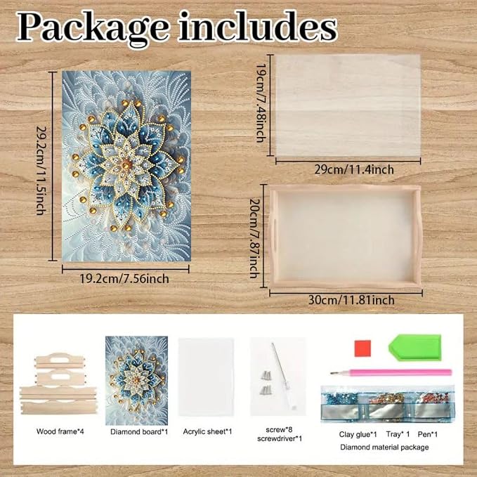 DIY Diamond Serving Tray Rectangular Breakfast Tray with Handle Handmade Diamond Art Painting Wooden Tray for Dinner Plate Coffee Room Living Home Organizer-Mandala