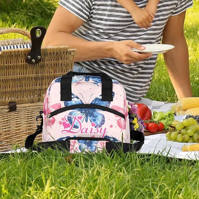 Personalized Butterfly Lunch-Bag for Women, Custom Insulated Cooler Lunch Box with Name, Leakproof-Reusable Lunch Tote Bag for Work Office Picnic - Pink Blue 2