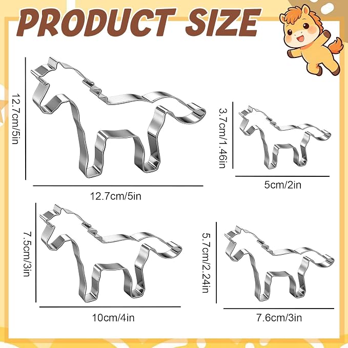 Havawish 4 Pcs Cookie Cutter Set 2 in to 5 in Cookie Cutter Stainless Steel for Baking Fondant Fruit Bread Birthday Party Decorations(Horse)