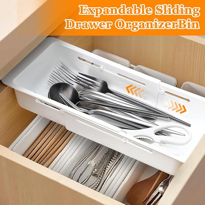 2 Pack Hanging Expandable Drawer Organizer with 2 Pack Non-Hanging Sliding Adjustable Storage Trays for Kitchen, Bathroom, Office, White