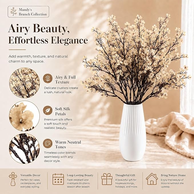 Mandy's Champagne Artificial Baby’s Breath Flowers 6 Bundles Silk Gypsophila, 18.5 Inch European Style Modern Home Decor Centerpiece, Neutral Wedding Flower Arrangements