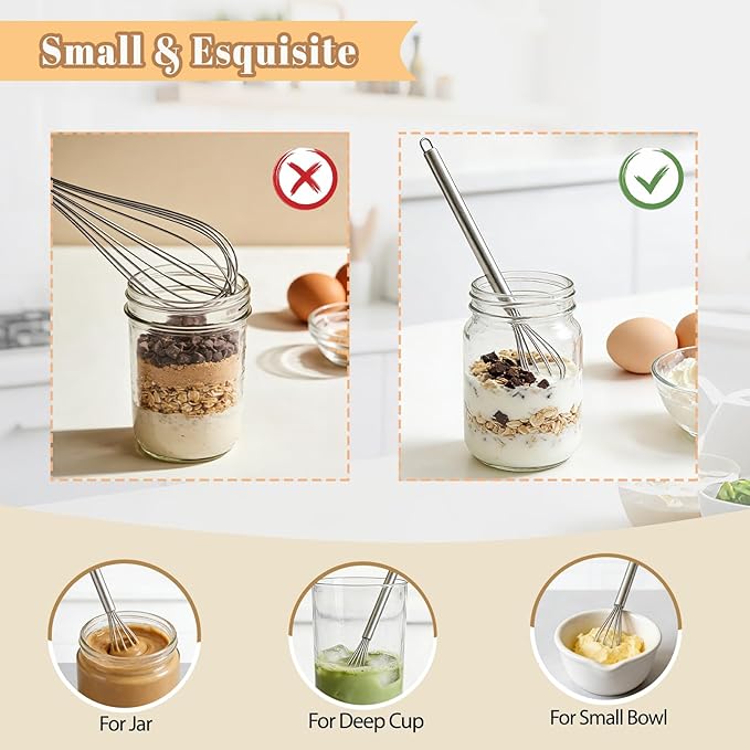 Whisks for Cooking, 3 Pack Mini Whisk for Whisking, 7"+9"+11" Tiny Stainless Steel Wire Whisk Set for Baking, Blending Eggs & Sauces, Heavy Duty Rust Proof
