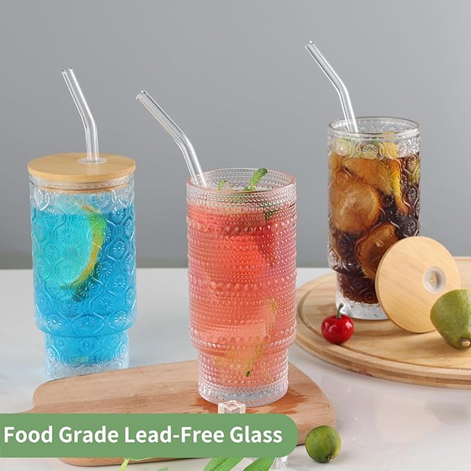 16oz Glass Cups with Lids and Straws, 4 Pack Vintage Drinking Glasses Tumblers Begonia Flower Iced Coffee Cups for Kitchen, Home, Office, Gifts