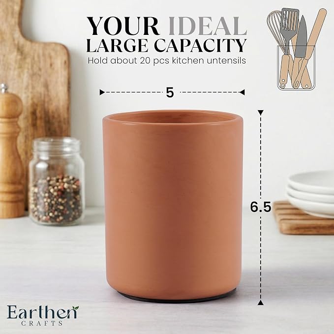 Terracotta Kitchen Utensil Holder 6.5 Inch Handmade Natural Clay Utensil Crock for Countertop, Spatula, Spoon & Cutlery Organizer, Farmhouse Kitchen Decor & Storage Container