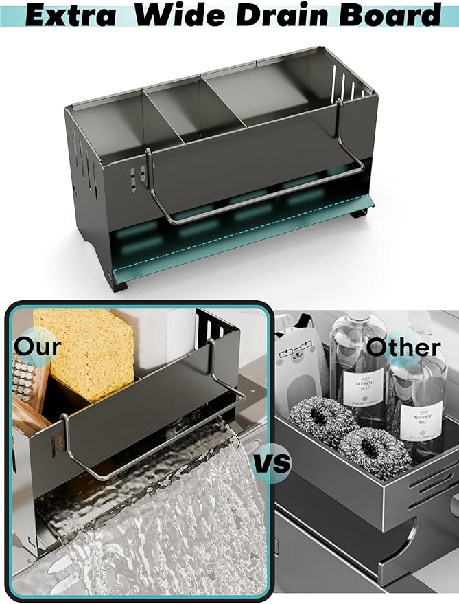 Kitchen Sink Caddy Organizer, Sponge Holder for Kitchen Sink with Upgraded Extra-Wide Drain Board, Efficient Drainage, Stainless Steel with Rust-Resistant Coating