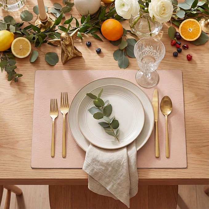 Artoid Mode Pink Faux Leather Placemats Set of 4, 12x18 Inch Waterproof Wipeable Heat Resistant Vinyl Place Mats, Reversible Table Mats for Spring Kitchen Dining Decor