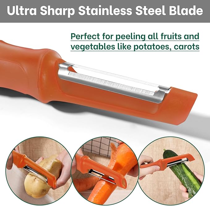Beneno Swivel Vegetable Peeler, Razor-Sharp Smooth Peeling Potato Peelers with Stainless Steel Blades, Ergonomic Comfort Non-Slip Rubber Handle, Durable Kitchen Peelers with Potato Eye Remover, Orange