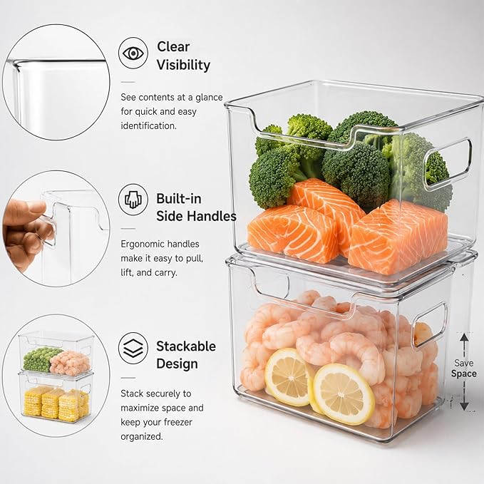 Clear Freezer Storage Bins,Stackable Freezer Organizer Bins with Handles,Clear Plastic Kitchen Organizer for Frozen Food, Meat & Veggies (6pcs, S)