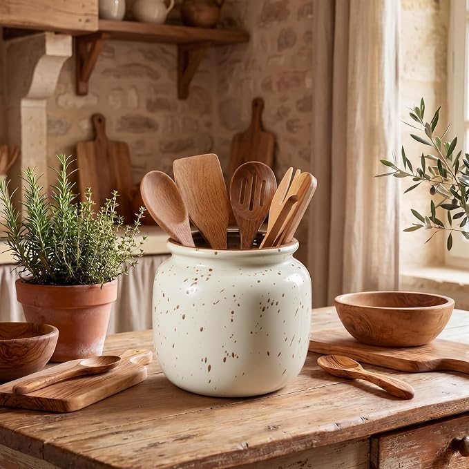 Qinyoung Rustic Kitchen Utensil Holder 6 Inch Small Ceramic Utensil Holder with Handle Vintage Crock Decoration Spatula Organizer for Kitchen Countertop Farmhouse Party Supplies(Natural, No Handle)