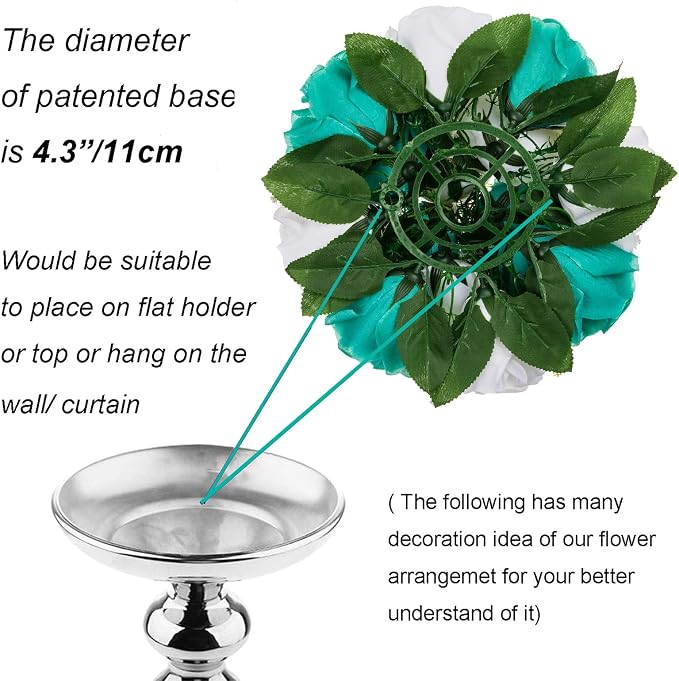 BLOSMON Flower Ball Centerpieces for Wedding: 10 Pcs Teal White Fake Roses Flowers Artificial for Table - Silk Kissing Bouquet Floral Arrangement Center for Home Party Event Decor | Artificial Floral Arrangement for Table - Faux Silk Kissing Bouquet wi...